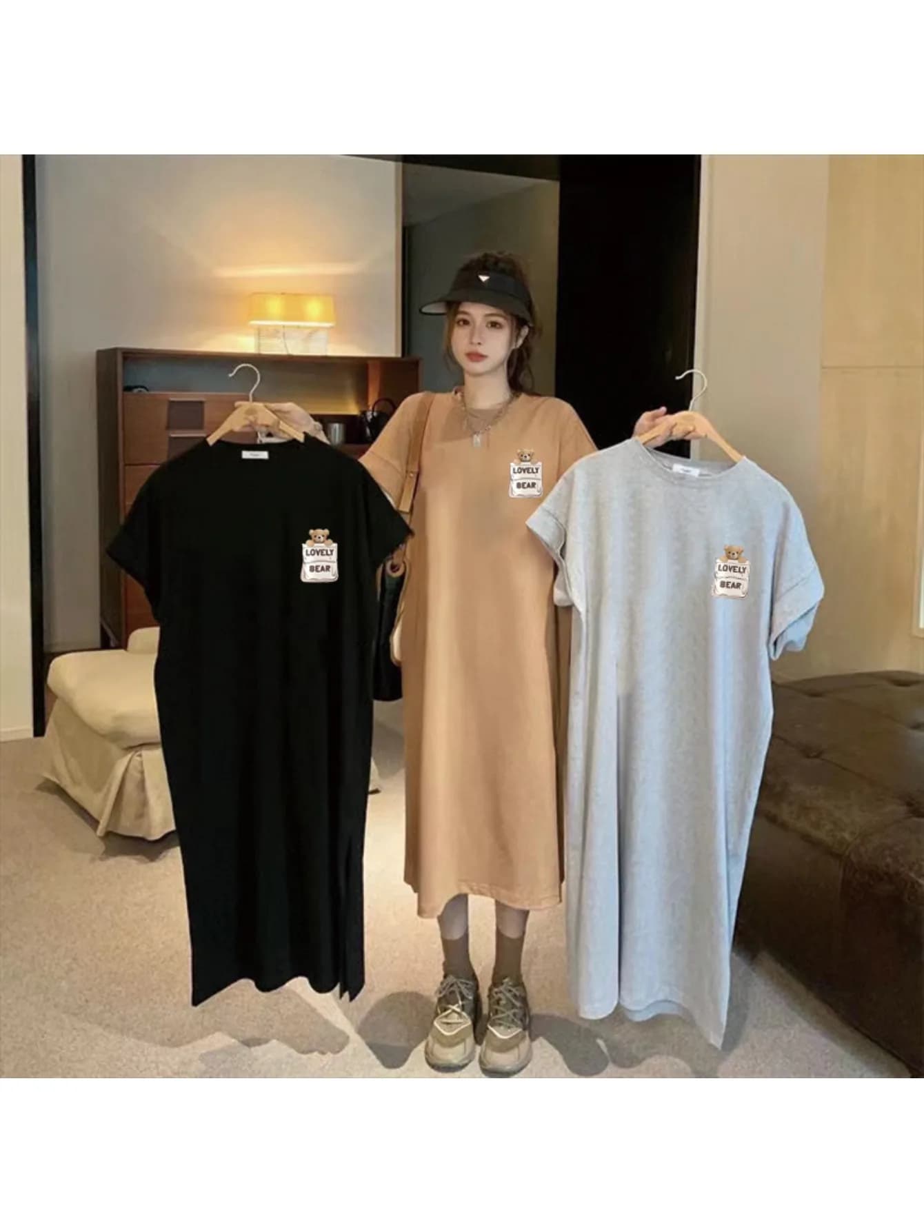 Gonna T-shirt a maniche corte da donna in estate Gonna ampia di grandi dimensioni Abito casual con spacco sopra il ginocchio di media lunghezza