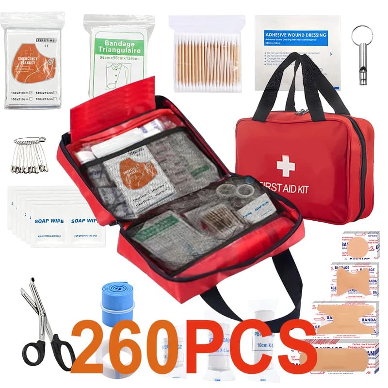 Kit di pronto soccorso durevole contenente articoli essenziali per l'assistenza agli innesti, le abrasioni e gli spruzzi. Un essenziale di emergenza affidabile.