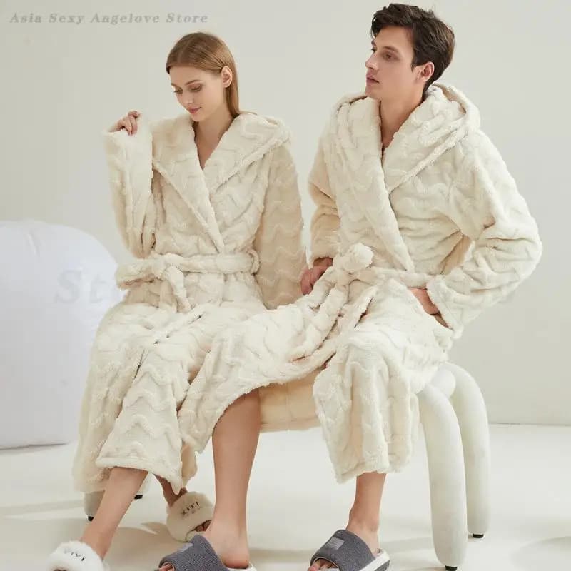 Autumn Winter Flannel With Hood Veste Home Wear Couple Nightwear Addens Hot Soft Cream Coral Yukata Pigiama Bathrobe Trained Pigiama