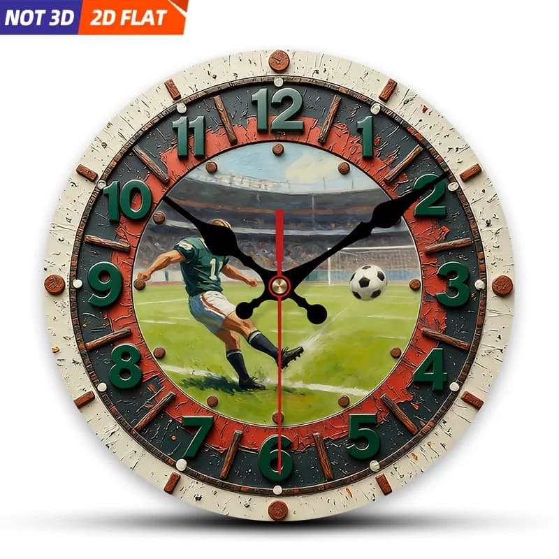 2D Piatto. 1 pezzo. Orologio da parete a tema calcistico, orologio decorativo silenzioso, orologio da parete creativo, adatto per la decorazione di camere da letto, soggiorno