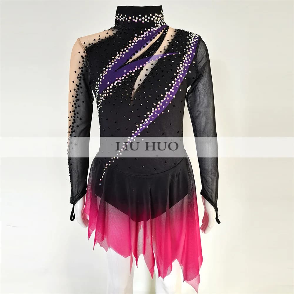 LIUHUO Abito da Pattinaggio di Figura per Danza sul Ghiaccio Donna Ragazza Adulta Adolescenti Personalizza Body da Competizione per Prestazioni in Costume Nero Rosso Rullo