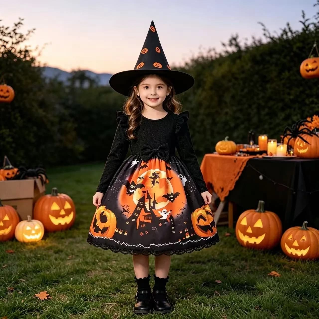Baby Girls' Spring/Autumn Halloween Dress With Hat Round Neck Long Sleeve Mesh Dresses Girls' Halloween Outfits Kids Clothing