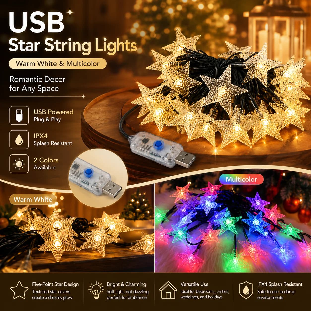 USB Five-Point Star String Lights 5M 7M 12M Warm White Multicolor IPX4 Fairy Lights for Bedroom Curtain Party Christmas Decor