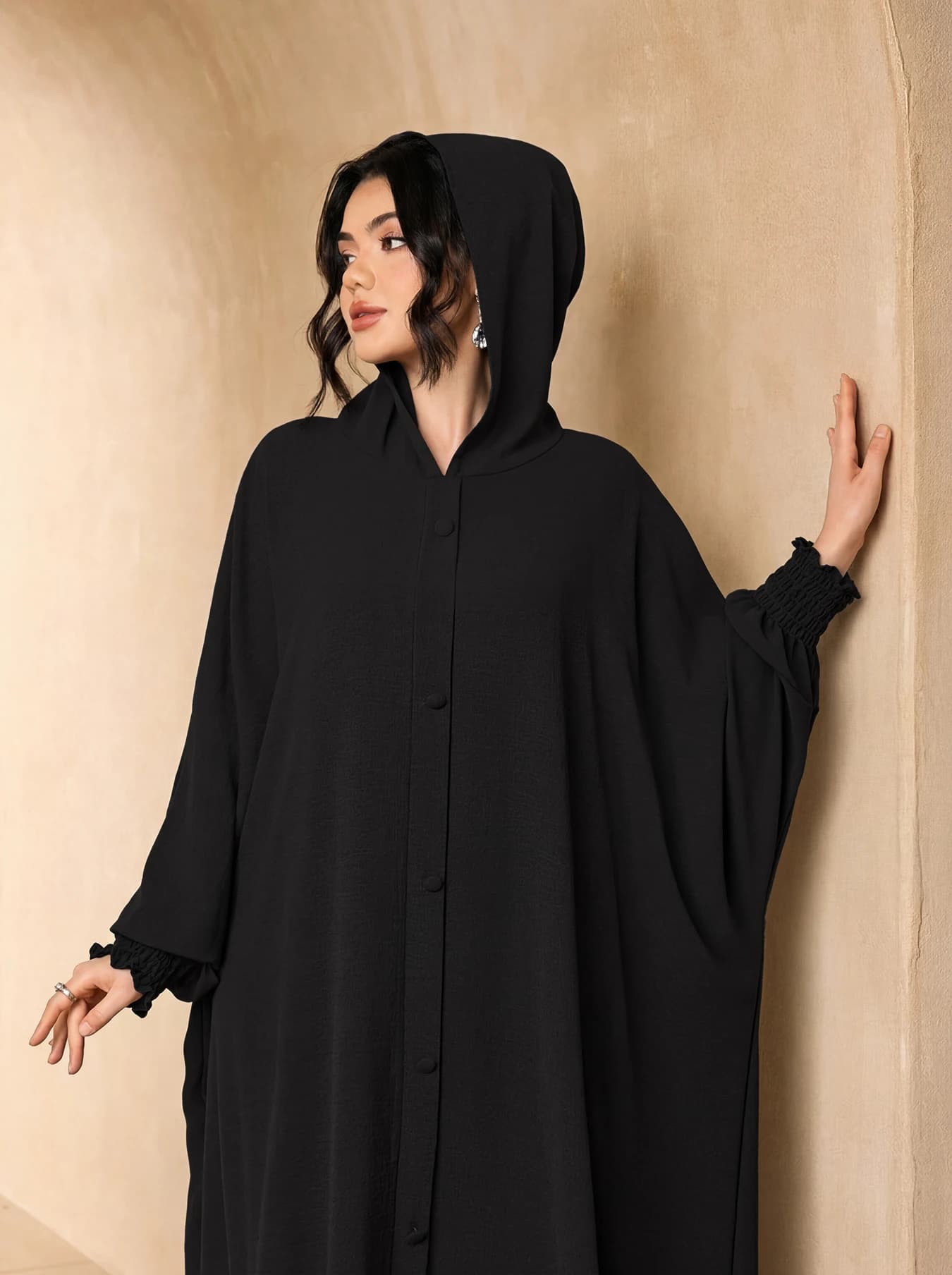 Tie Flare Sleeve Pleated Waist Abaya Dress, Solid Satin Modest Long Maxi Gown Islamic Ladies Daily Party Wear