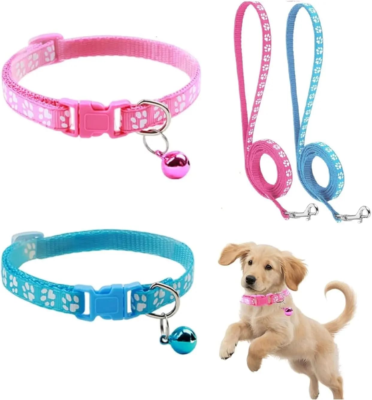 Set Collare e Guinzaglio per Cuccioli, Collare Riflettente in Nylon con Stampa a Zampa per Cani XXS XS e Gattini