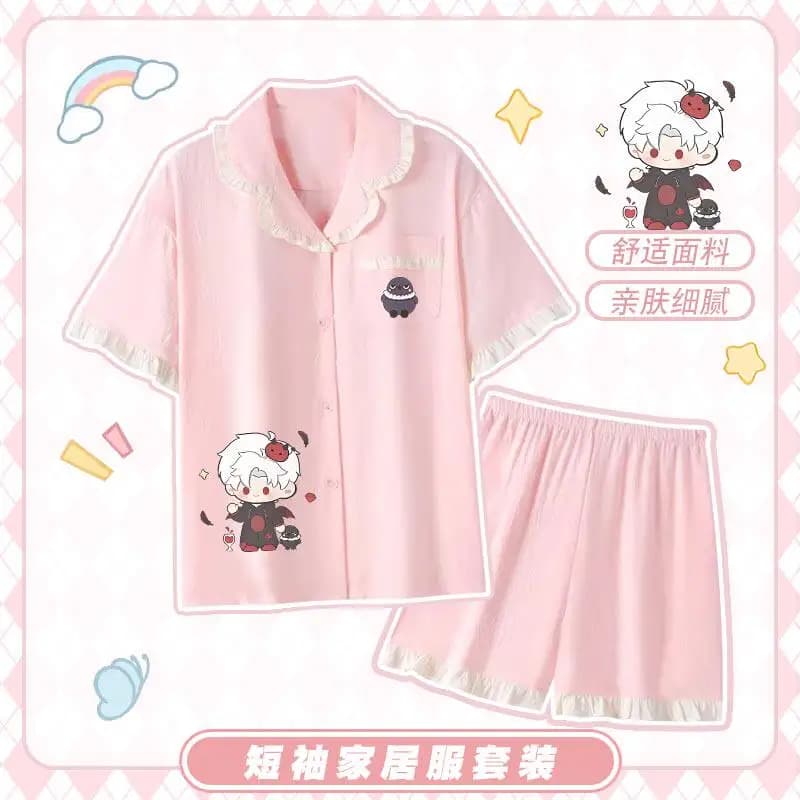 Love And Deepspace Sylus Themed Adorable Sylus Crow Character Print Design Pajama Set Pink Loungewear For Fans Pajama Set Daily