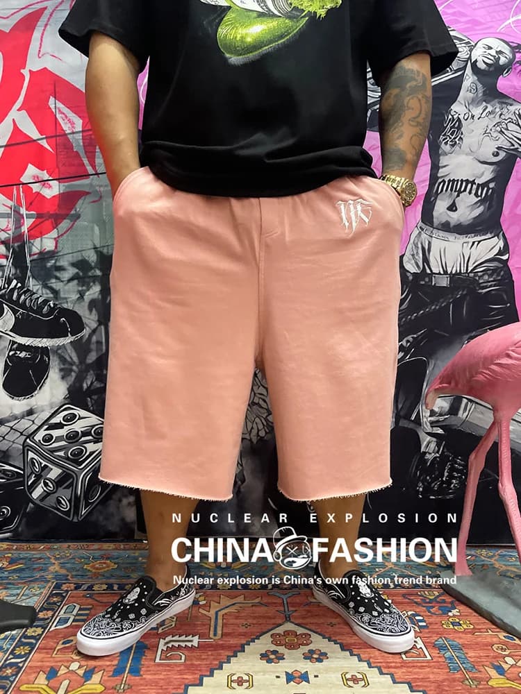 Nuclear Explosion Pink West Coast Chicano Loose Wide Leg Elastic Waist Knitted Casual Seven-Quarter Shorts Breathable Lightwe...