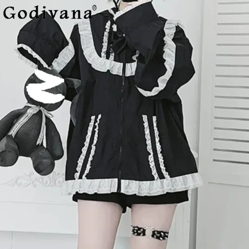 Y2K Summer Japanese Lace Thin Breathable Outdoor Sunscreen Coat Fashion Loose Versatile Age-reducing Long Sleeve Hooded Jacket