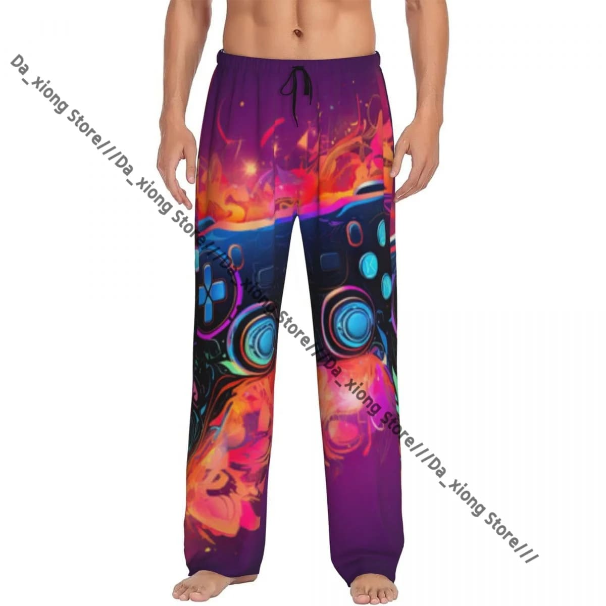 Mens Casual Pajama Long Pant Loose Elastic Waistband Gamepad Print Cozy Sleepwear Home Lounge Pants