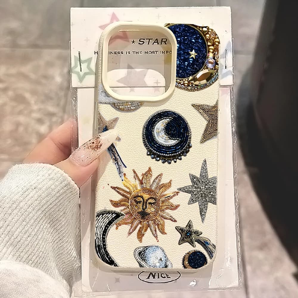 Custodia Morbida Antiurto in TPU con Texture Lychee Sole Luna Stella per iPhone 17 16 15 14 13 12 11 Pro Max, Stile Boho Celeste Astrologia