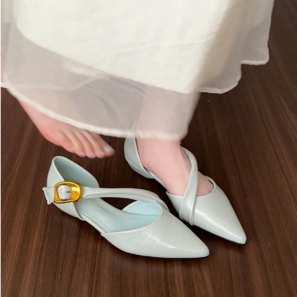 Sandali con zeppa a punta affusolata decorati con fibbia in metallo, design ispirato ai tacchi alti, sandali sexy e alla moda, scarpe da banchetto