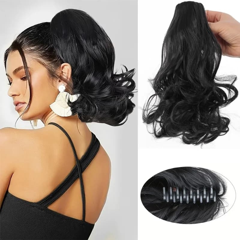 Short curly ponytail extension with claw clip 12 inch synthetic short wave hair clip for women to easily clip style short curly