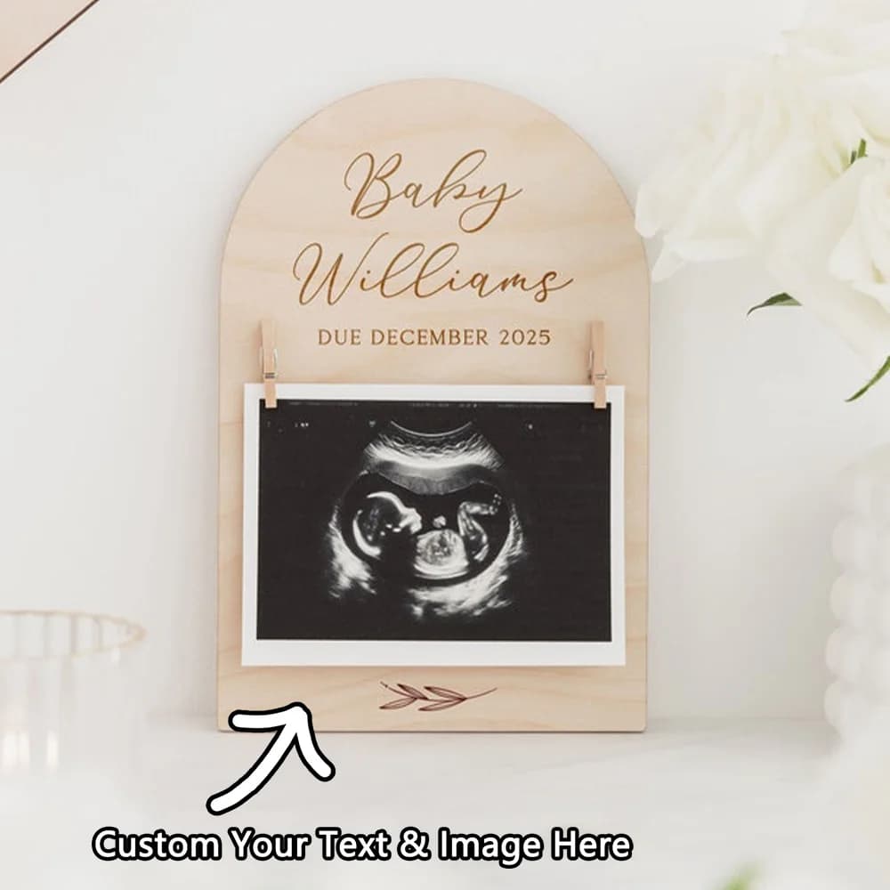 Custom Pregnancy Card | Plate with wooden date and frame for scan for pregnant children | Disc for social media photos