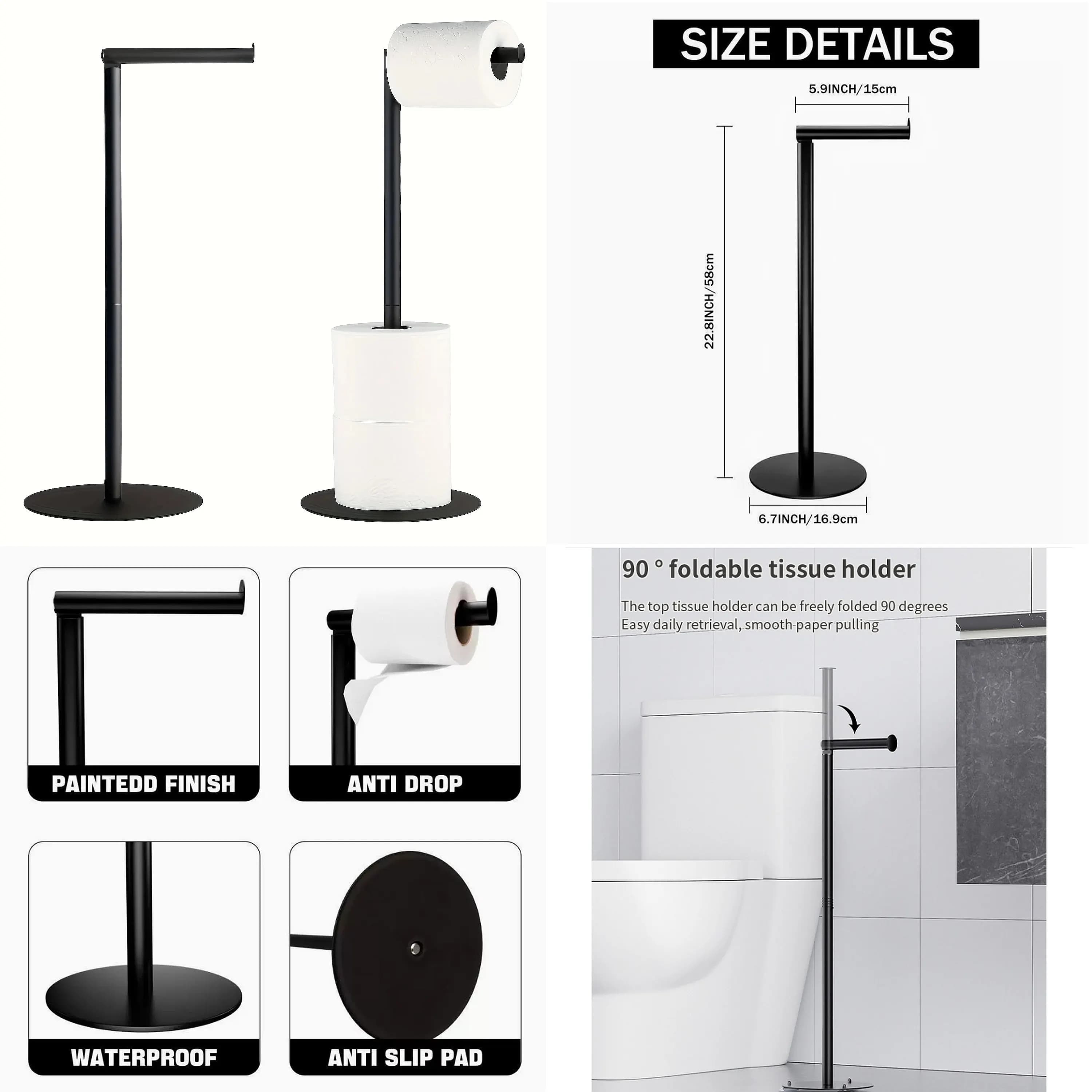 Free Standing Toilet Paper Holder, Stainless Steel, No Drilling, Weighted Stable Base for Bathroom, RV, etc.