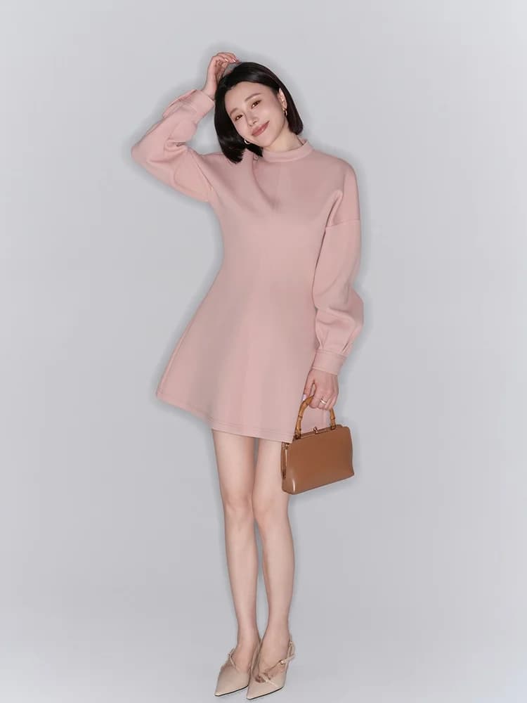 Abito in Felpa Effetto Cotone Stile SS II TANG INS, Nuovo Abito Casual da Donna Moda 2024, Semplice Vestito con Collo Tondo e Gonna Midi