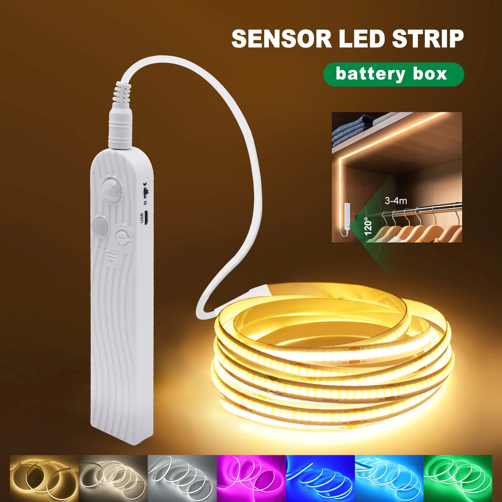Striscia LED COB 8MM 5V con Sensore di Movimento, Alimentata a Batteria, 320 LED/M, Luce Notturna a Induzione, Bianco Caldo, Rosso, Blu Ghiaccio, Verde, Giallo