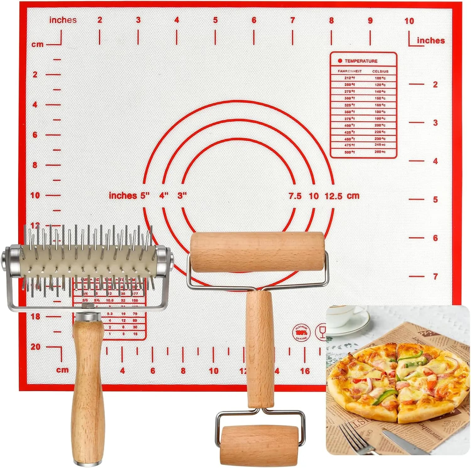 Set di Utensili per Pizza, Include Pizzatrice, Rullo per Impasto e Tappetino in Silicone per Cottura, Pizzatrice in Legno, Tappetino Antiscivolo per Cottura