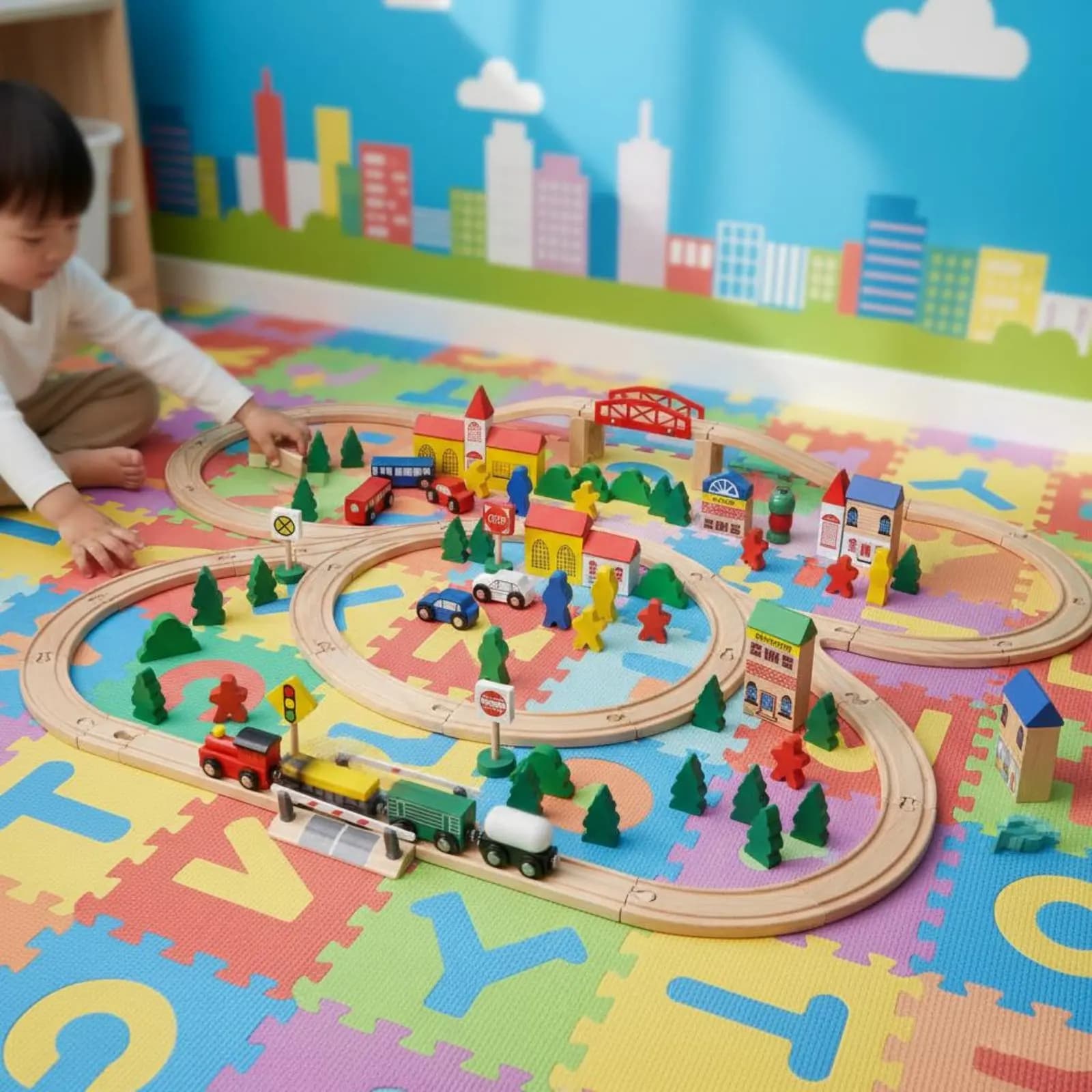 100 Pieces 100 Piece Wooden Train Set Attractive Connection Wooden Town Building Blocks Vehicle Playset for Young Children