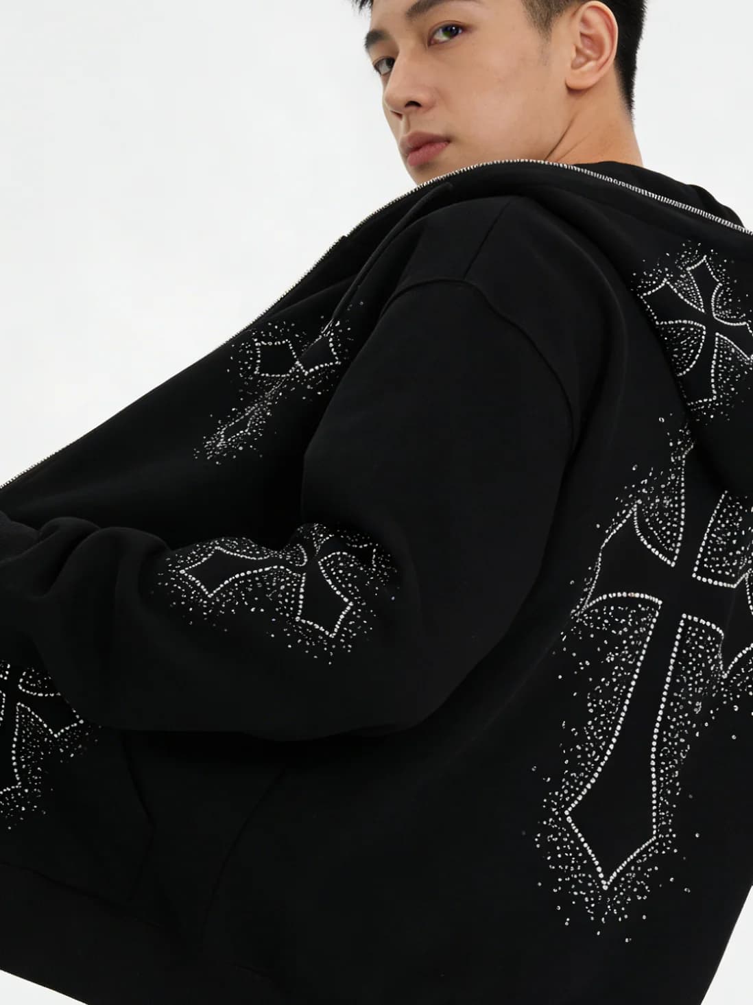 Felpa con Cappuccio Unisex Invernale Personalizzata con Stampa Digitale Lucida e Strass, Stile Streetwear con Cerniera