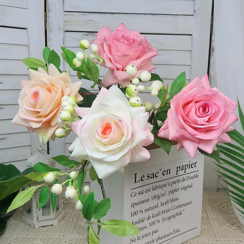 65cm 5 Pieces Artificial Roses Real Touch in Single Stele, Roses Fins Hydrating for Floral Table Compositions in Living Room and Weddings