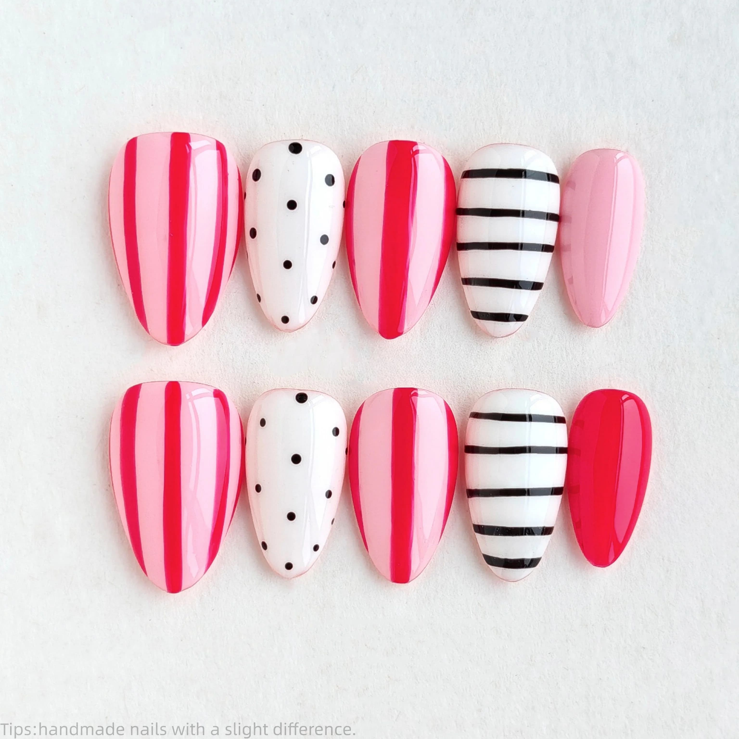 10 pz Unghie Finte Press-On Fatte a Mano Rosa Rosse a Righe e Pois, Corte a Mandorla, Dolci e Carine, Unghie Finte Decorative di Tendenza