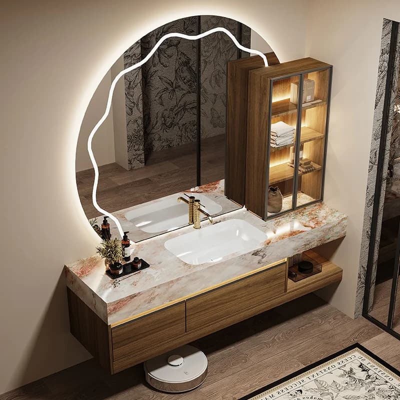 Mobile da bagno in legno massello, lavabo, toeletta con lavabo, set specchio LED con luci