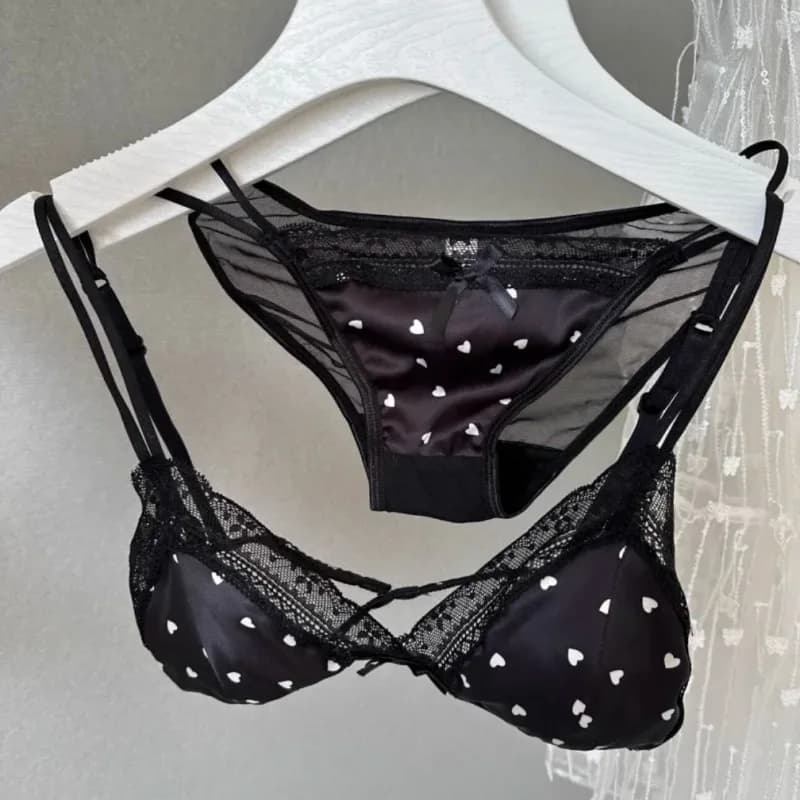 Completo Intimo Donna Stile Francese con Coppe a Triangolo, in Raso e Pizzo, Senza Ferretto, per Seno Piccolo, con Effetto Push-Up, in Tessuto Sottile, Sexy e Morbido, Taglie S-XL