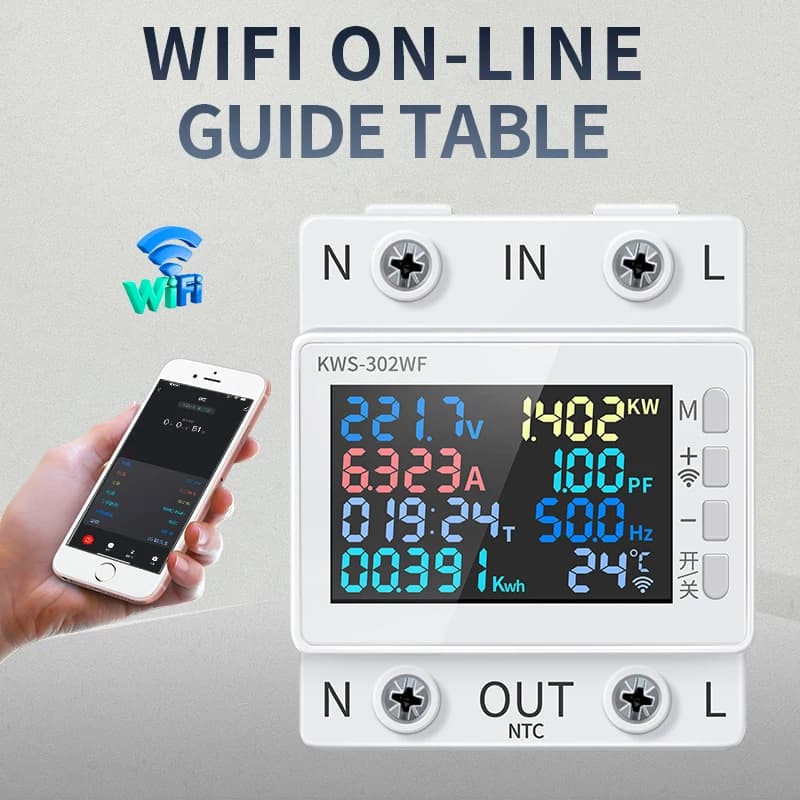 Contatore di Energia Smart WIFI 8 in 1, Misuratore di Tensione AC 2P, Montaggio su Guida Standard, Controllo Remoto da Telefono 170-270V/63A
