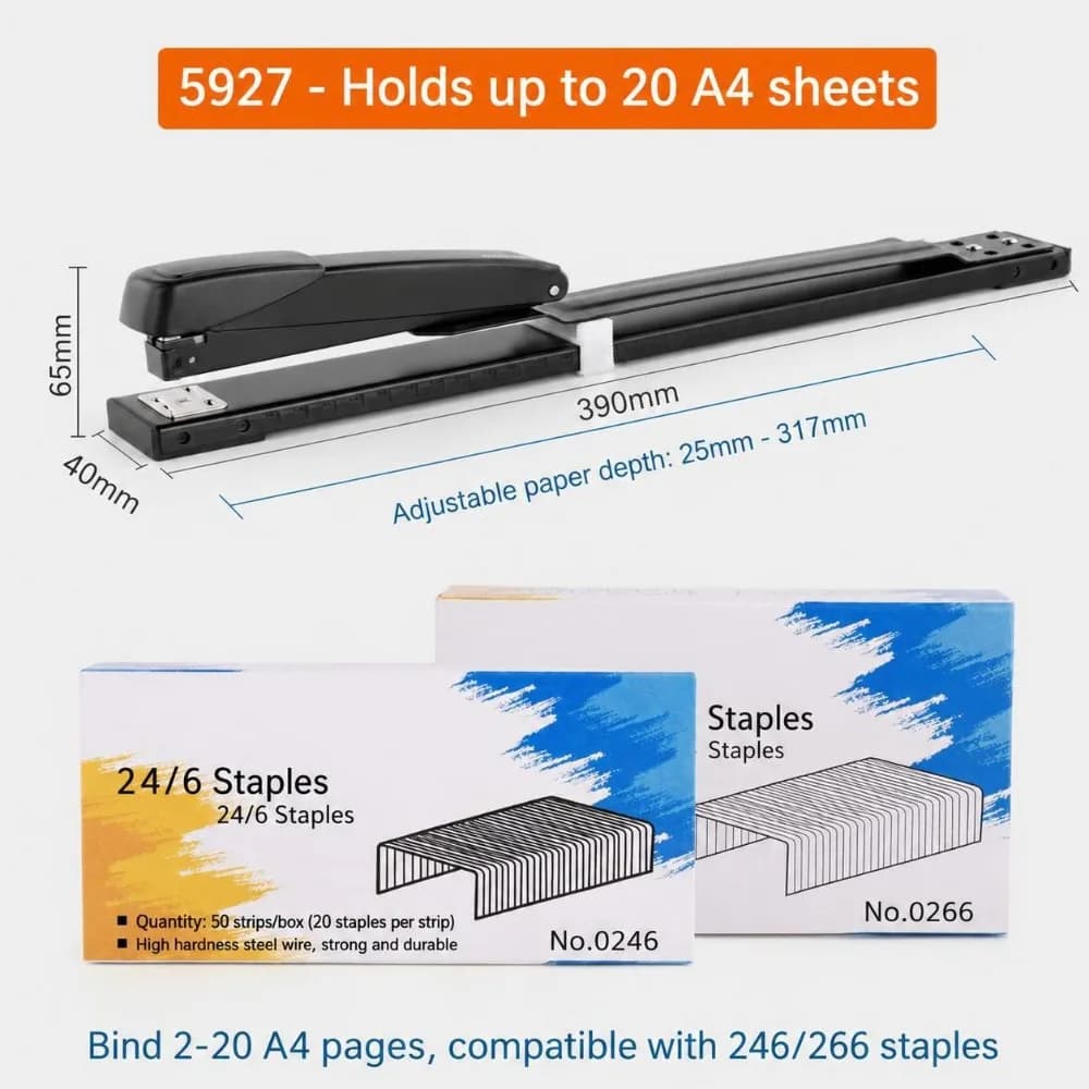 20 Sheets Metal Body Long Reach Stapler 20 Sheet Capacity Adjustable Throat Long Arm Stapler Black Full Strip Booklet Stapler