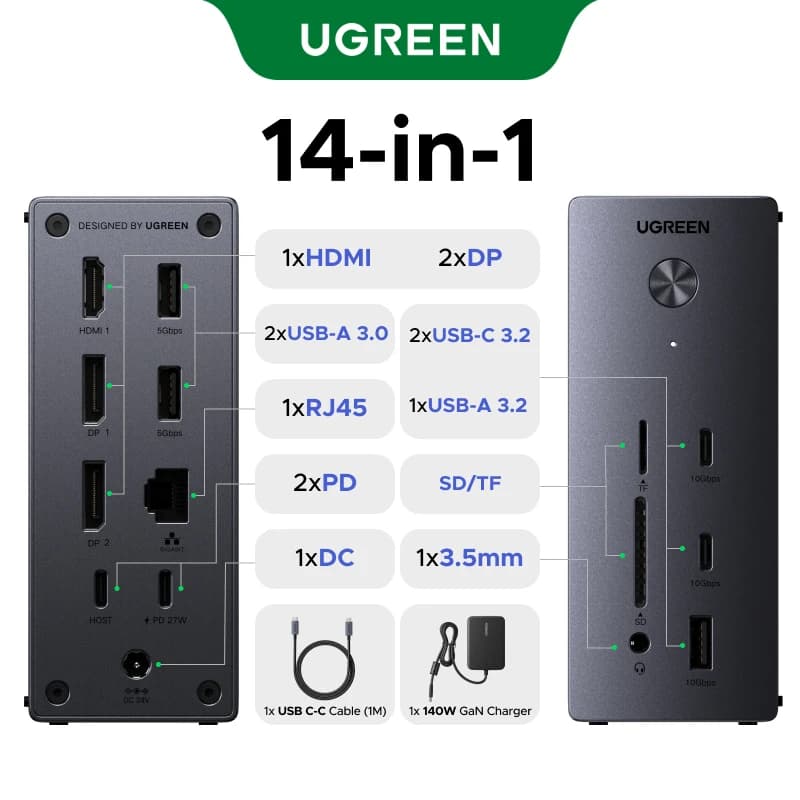 UGREEN Hub USB 14-in-1 Docking Station Type-C con 4K120Hz, 2xDP 4K60Hz, HDMI, SD/TF, RJ45, USB-A/C 10Gbps, Ricarica PD DC per Laptop e PC
