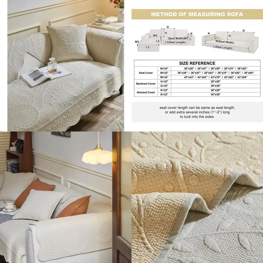 Floral embroidered cotton quilted cover, anti-slip for dogs, cats, children, sofa, reclining armchair, L-shaped (beige, 43x94)