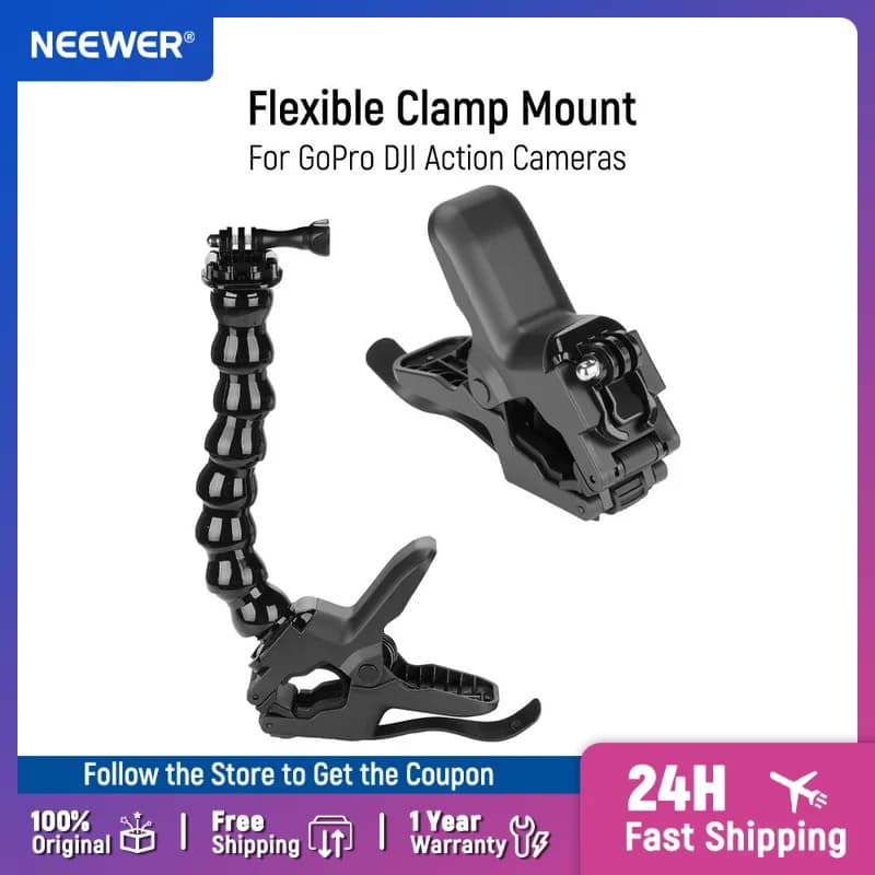 NEEWER Flexible clamp support compatible with GoPro DJI Action Cameras Support with desk rod clip with tube and adapter Accessories GP-80