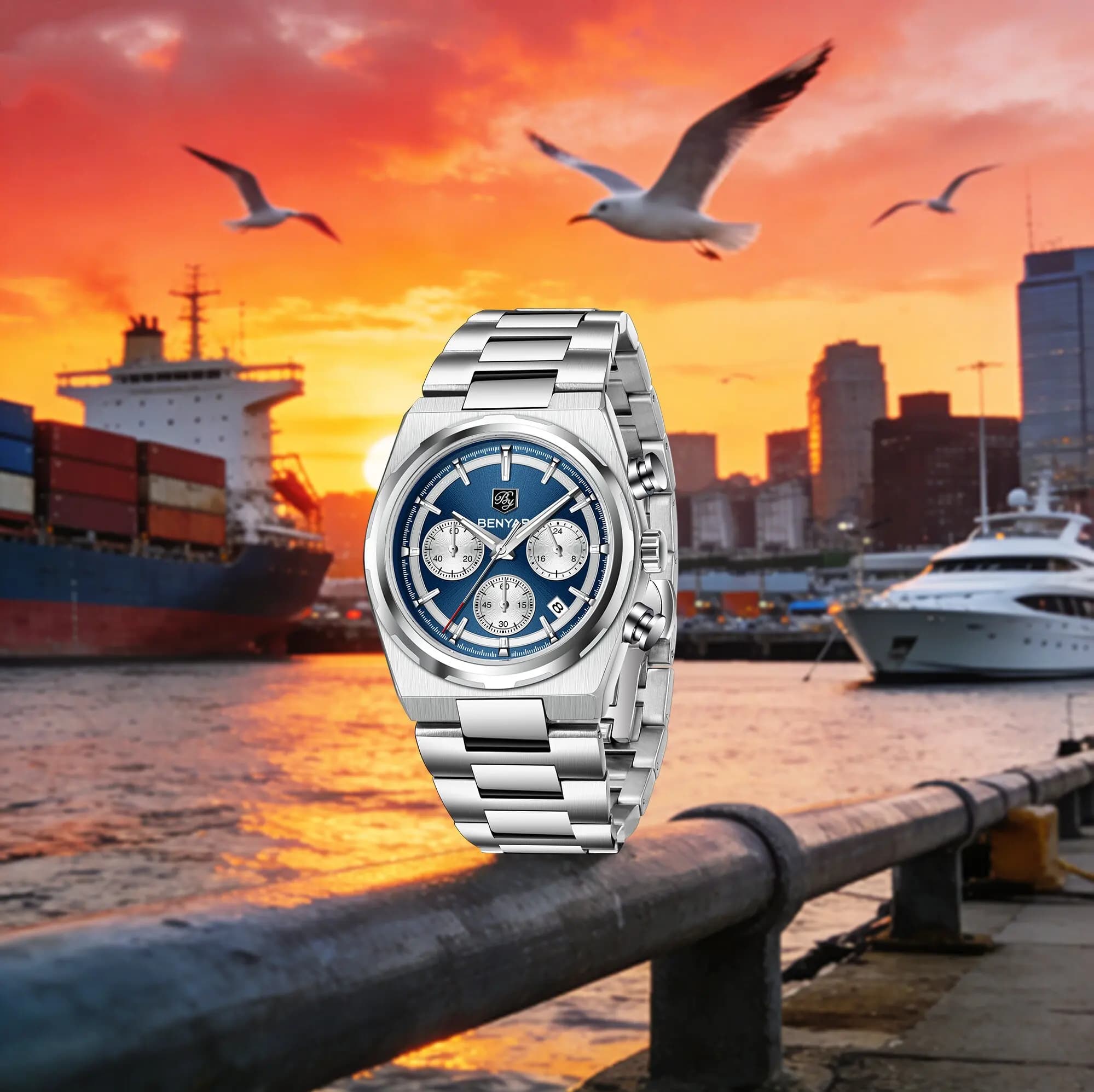 Orologio al Quarzo BENYAR da Uomo, Elegante e Professionale, in Acciaio Inossidabile, con Tre Lancette, Calendario, Luminoso e Cronografo