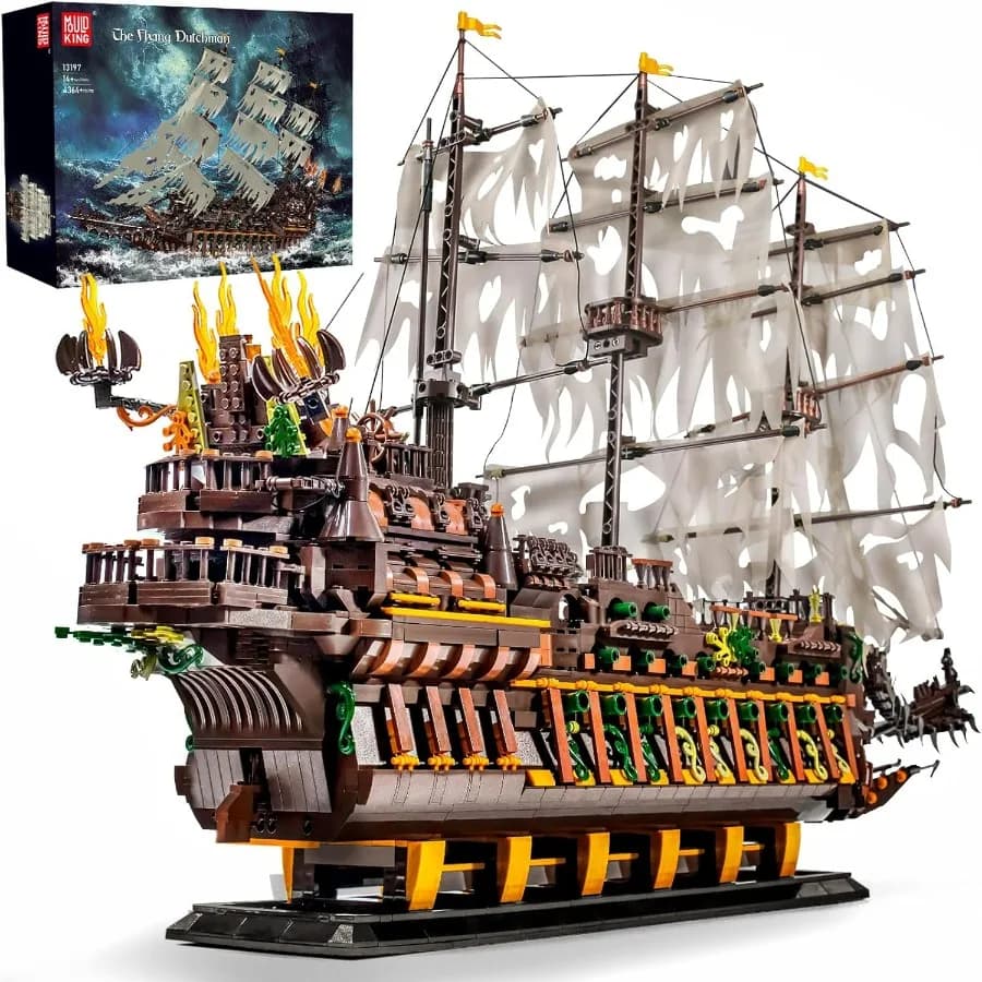 Modellino Nave Pirata MOC Flying Dutchman per Adulti, 4364 Pezzi, Stile Legno, Nero e Marrone, Design Dettagliato