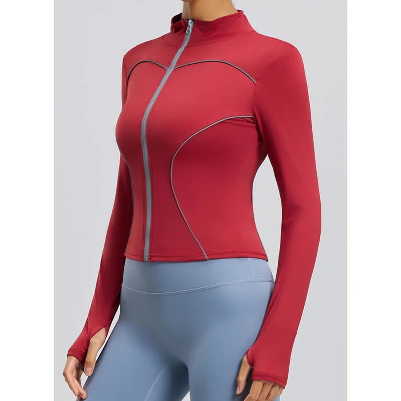 Slim Fit Red Yoga sweater for Women, Long sleeves with Zip, Sportswear, Korean fashion, Top Corto Casual for Fitness, Gym and Tennis