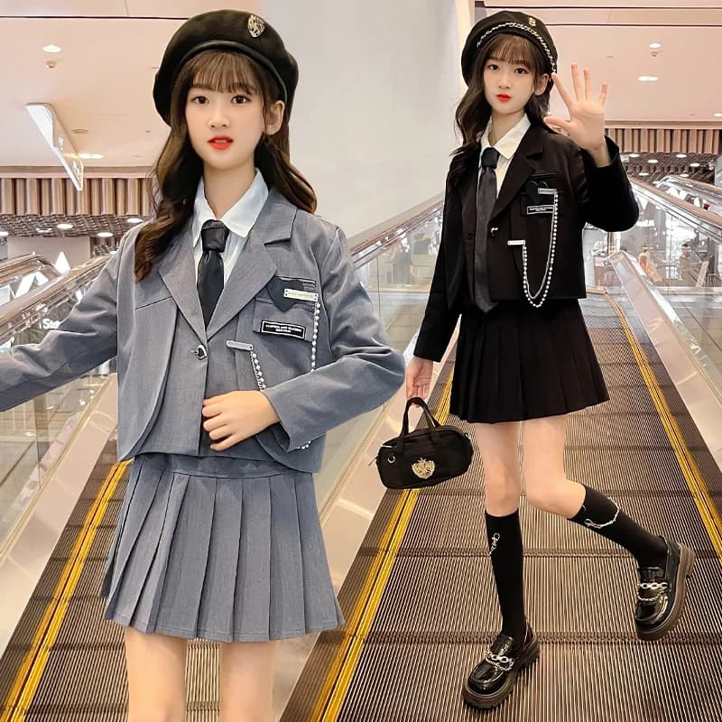 Completi formali per ragazze per bambini completi per bambini giacca gonna abiti catena top gonna a pieghe cravatta camicia studente uniforme ragazza adolescente