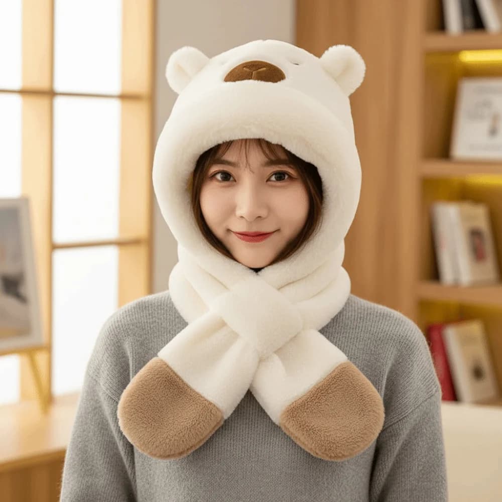 Simpatico berretto invernale integrato Sciarpa addensata antivento per bambini Cappello invernale caldo Morbido peluche integrato Capibara Sciarpa con cappuccio Set