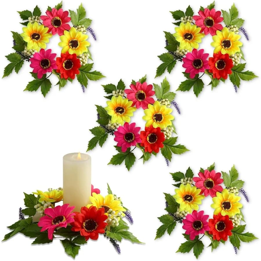 Ghirlande di anelli per candele estive da 4 pezzi 3. 15 Ih Center Anelli per candele con pilastro floreale Centrotavola da tavolo con fiori artificiali Gerbera Daisy