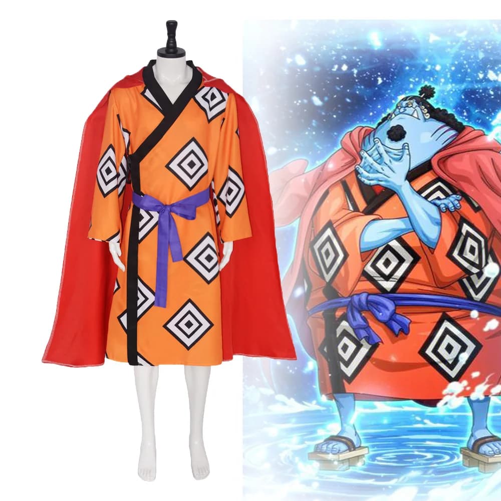 Anime Whale Shark Man Jinbe Cosplay Costume Adult Orange Kimono Red Cloak Belt Outfits Halloween Christmas Party for Men Clothes