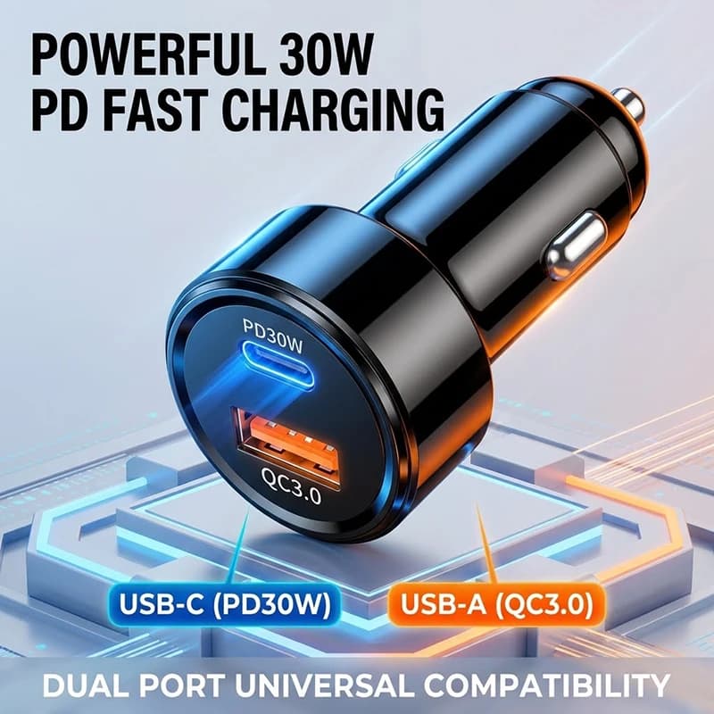 48W Type C Car Charger Adapter PD30W and QC3.0 Dual Ports Mini Vehicle Power Socket Smart Fast Charge For Phones And Tablets