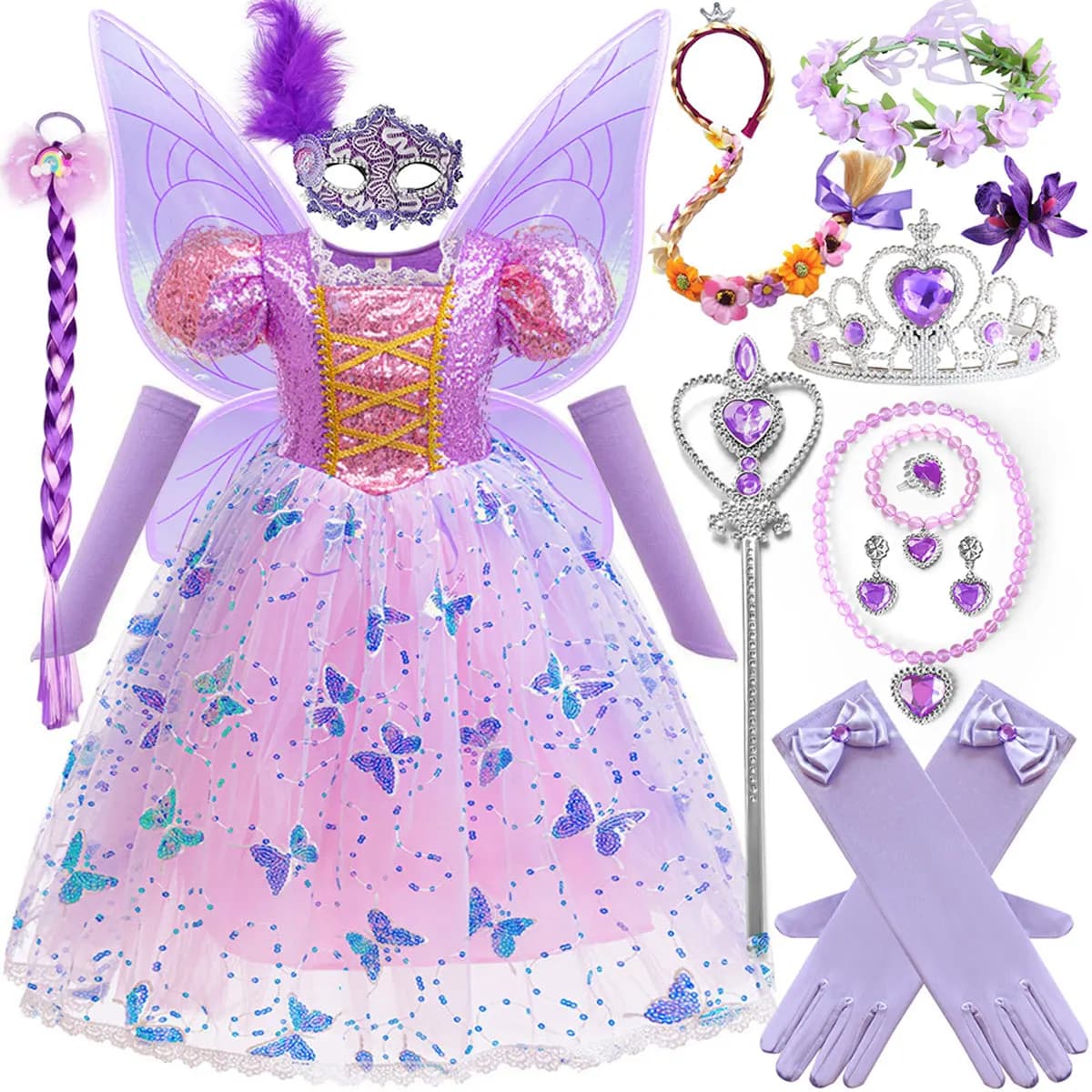 2026 Disney Rapunzel Vestito con Paillettes e Stampa Floreale, Abito in Pizzo con Farfalle per Bambine, Nuovo Vestito Rapunzel per Halloween, Costume per Bambini 2-10 Anni