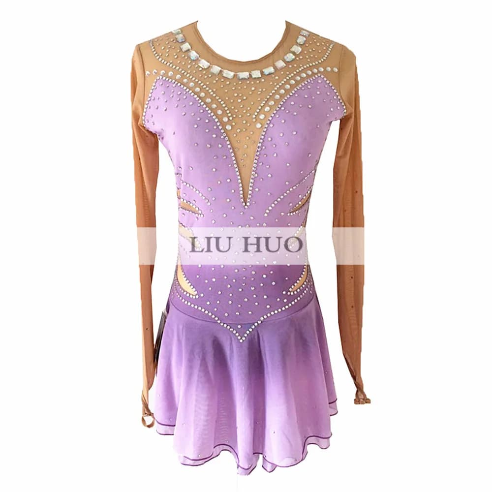 LIUHUO Vestito da Pattinaggio di Figura sul Ghiaccio per Ragazza da Donna Concorso Prestazioni Costume a Maniche Lunghe Body da Ballo Viola Roller Adolescenti Adulti