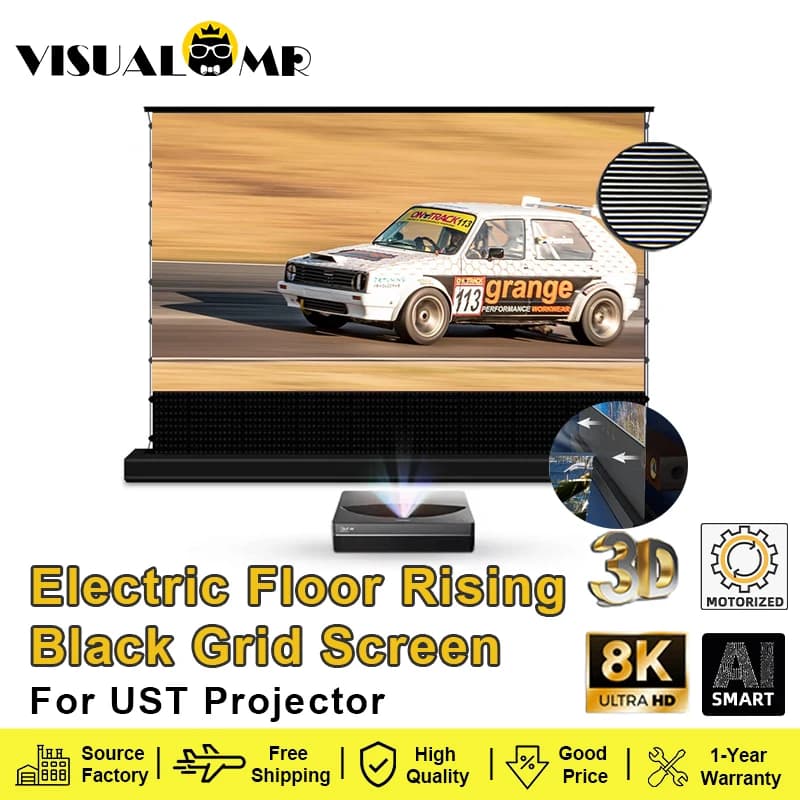 Schermo di proiezione elettrico ALR UST a pavimento, griglia nera, linguetta trasparente, tensione, luce ambientale, rifiuta per proiettore UST 4K