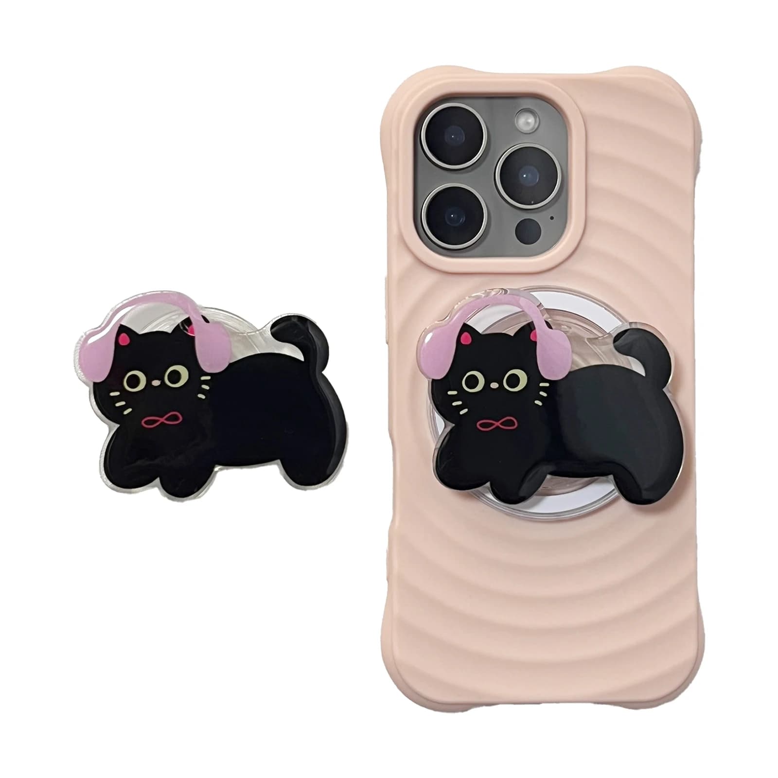Carino rotazione di 360 gradi cuffia rosa gatto nero per supporto per telefono Magsafe pieghevole per iPhone 17 16ProMax per Samsung Girl Gift
