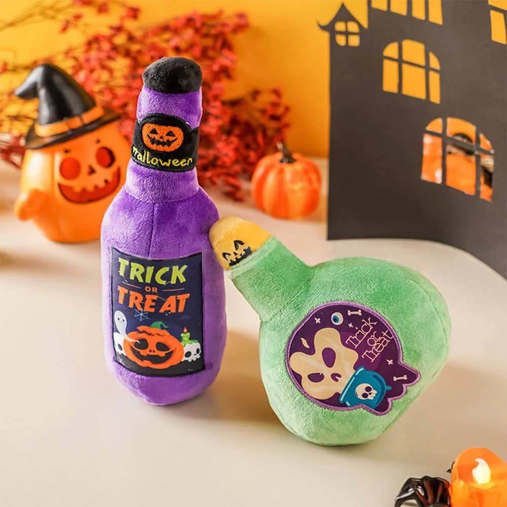 Halloween Dog Toys No Stuffing Squeaky Plush Dog Toys Funny Wine Bottle Design for Keeping Them Busy Interactive Pet Puzzle Toy