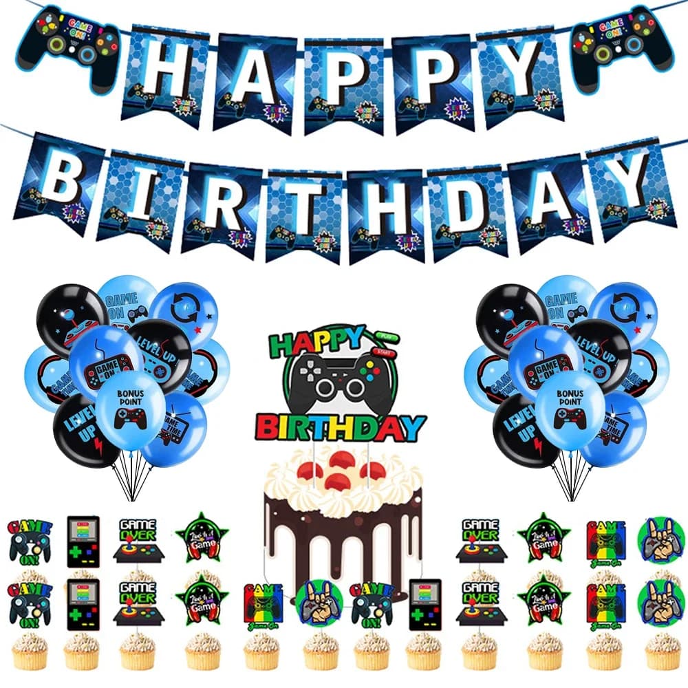 Set di forniture per feste per videogiochi Decorazione per feste di compleanno per neonato Sfondo per giochi di buon compleanno Copertine per tavoli da gioco Palloncini per giocatori