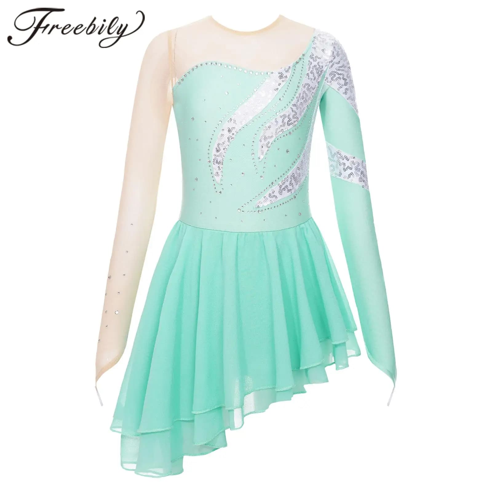 Bambini Ragazze Paillettes Balletto Ginnastica Body Maglia Giunzione Chiffon Pattinaggio di Figura Vestito Pattinaggio Su Ghiaccio Vestiti Ballerina Costumi