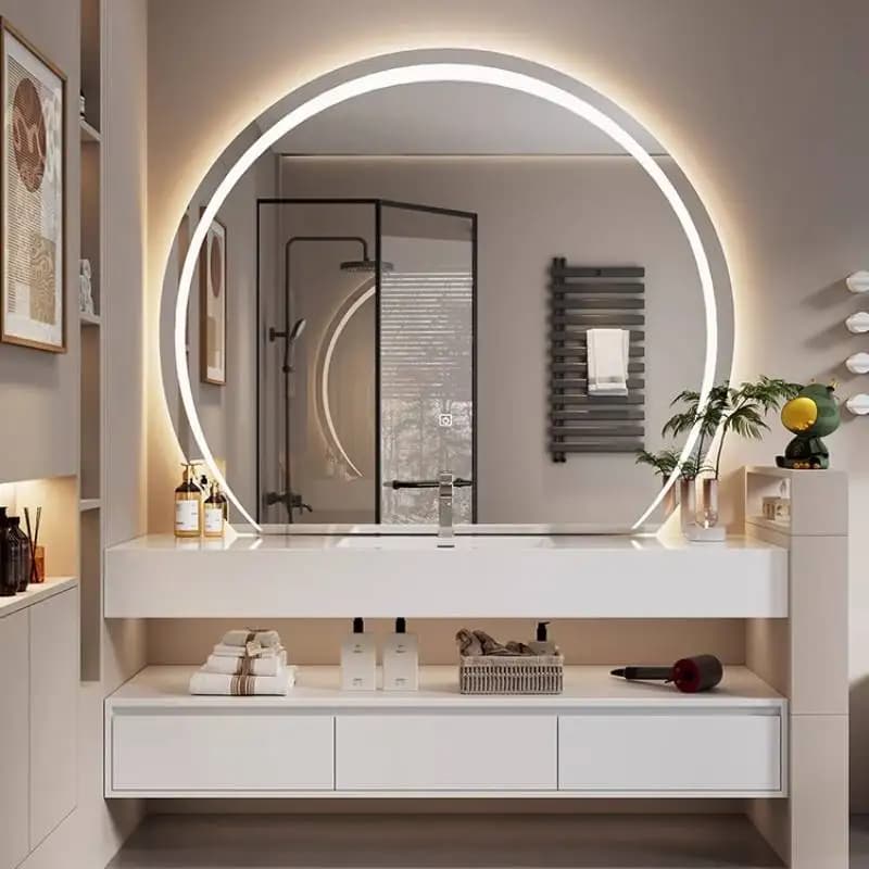 Mobiletto da bagno con specchio rotondo, pensile a parete, mobile da bagno galleggiante bianco, cassetti da toeletta, mobili Da Bagno