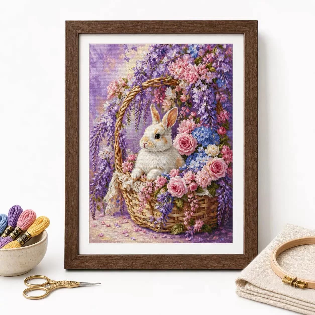 ZZ8813-The rabbit in the flower basket 14CT 16CT 18CT Stamped Cross Stitch DIY Set Pattern Kit Needlework Embroidery 128 Colors