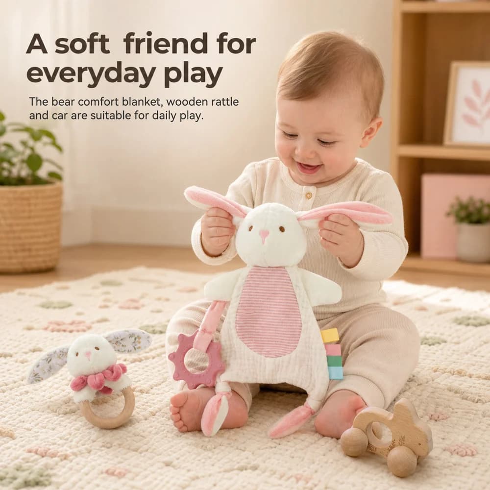 Baby Toys Fine Motor Skills Toys 3 Piece Baby Rabbit Security Blanket Set with Wooden Ring Rattle Pull Car Silicone Teether
